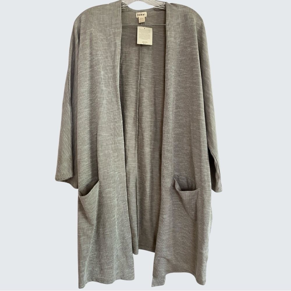 NWT Donni. x Anthropologie open cardigan -GRAY pockets ribbed striped -OSFA Plus